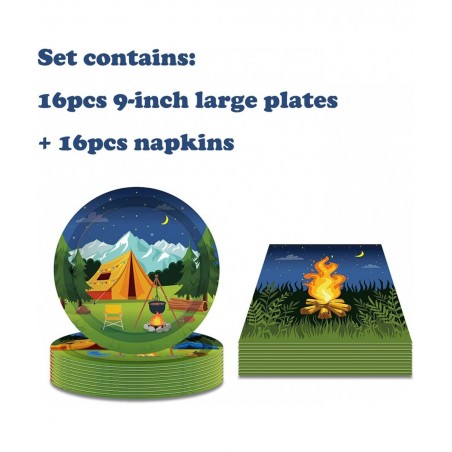 Camping Theme Plates and Napkins Serves 16 -Camping Adventure Party Supplies Tableware Set Forest Nature Camper Themed Dispos...