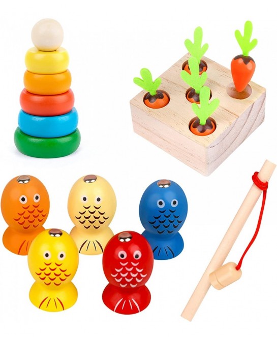 Montessori Wooden Toy for Baby Stacking Raing Toy Carrot Harvesting Magnetic Fishing Game for 3 Year Old Boy Girls Early Educ...