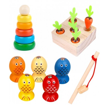 Montessori Wooden Toy for Baby Stacking Raing Toy Carrot Harvesting Magnetic Fishing Game for 3 Year Old Boy Girls Early Educ...