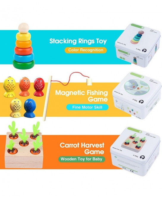 Montessori Wooden Toy for Baby Stacking Raing Toy Carrot Harvesting Magnetic Fishing Game for 3 Year Old Boy Girls Early Educ...