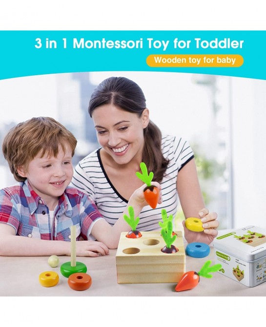 Montessori Wooden Toy for Baby Stacking Raing Toy Carrot Harvesting Magnetic Fishing Game for 3 Year Old Boy Girls Early Educ...