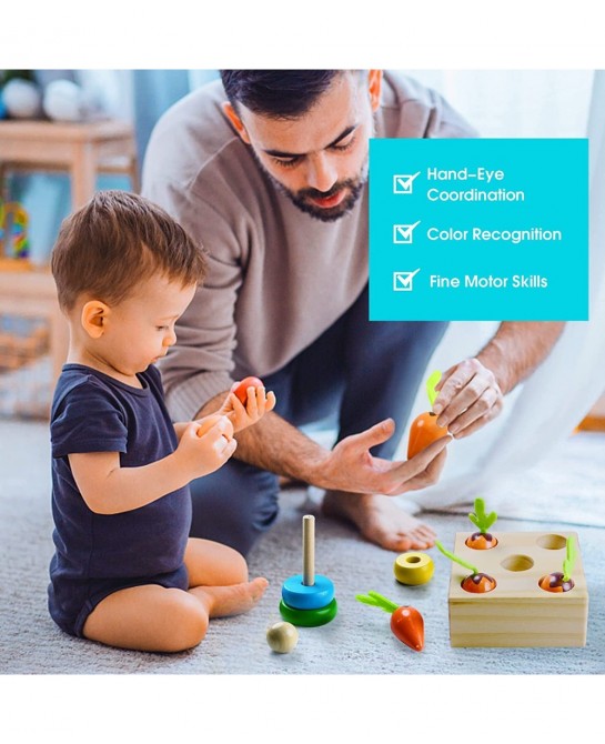 Montessori Wooden Toy for Baby Stacking Raing Toy Carrot Harvesting Magnetic Fishing Game for 3 Year Old Boy Girls Early Educ...