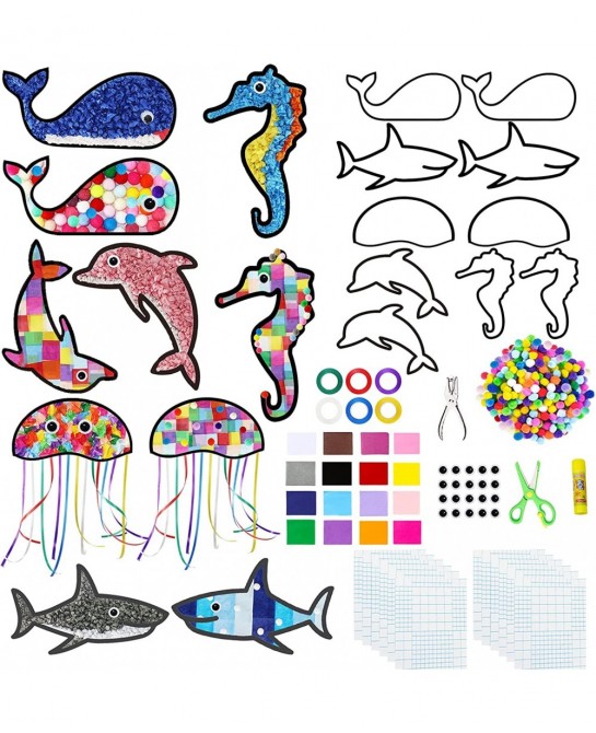 5 Patterns for Marine Animals Tissue Paper Suncatcher Crafts-Seahorse+Dolphin+Whale+Shark+Jellyfish Suncatchers Crafts with 1...