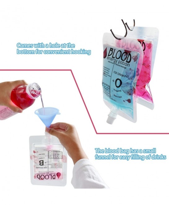 20 Pack Blood Bag IV Bags Drink Cup with Bottle Squeeze and Funnel- Reusable Blood Bags for Halloween Nurse Vampire Zombie Th...