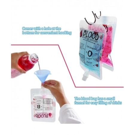 20 Pack Blood Bag IV Bags Drink Cup with Bottle Squeeze and Funnel- Reusable Blood Bags for Halloween Nurse Vampire Zombie Th...