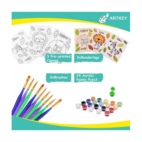 Pre Drawn Canvas for Painting for Kids 5 x 7” Printed Canvas to Paint Canvas Set Pack of 39 - 3 Stretched Canvas 24 Acrylic P...