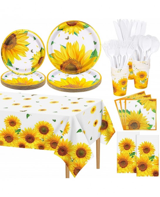 Sunflower Party Supplies Serves 24 Guests Disposable Tableware Set Paper Plates Cups Napkins Tablecloth Cutlery for Birthday ...