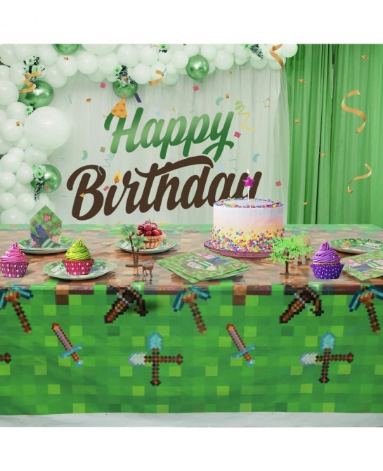 Pixel Birthday Party Supplies Decorations Pixel Party Plates Napkins Tablecloth Set for Boys Video Games Pixel Party Decor fo...
