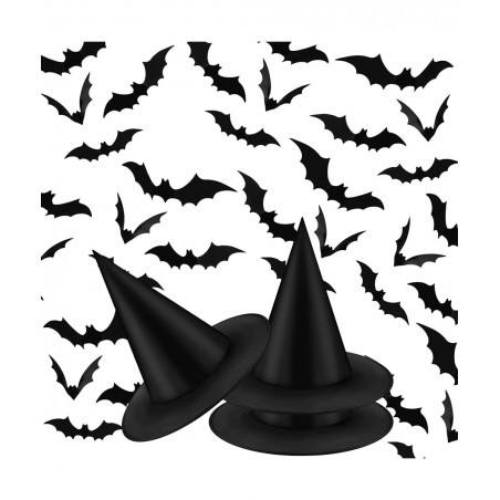 2 Pieces Halloween Black Witch Hat Adult Wizard Cap Fancy Dress Accessory 24 Pieces Halloween 3D Scary Bat Wall Decals Sticke...