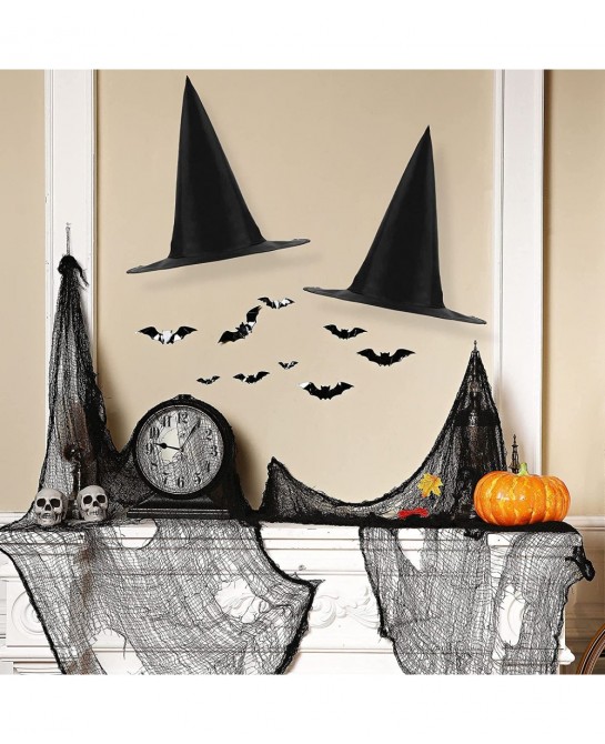 2 Pieces Halloween Black Witch Hat Adult Wizard Cap Fancy Dress Accessory 24 Pieces Halloween 3D Scary Bat Wall Decals Sticke...