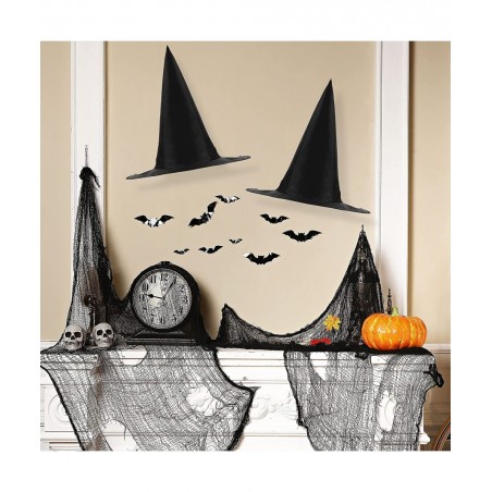 2 Pieces Halloween Black Witch Hat Adult Wizard Cap Fancy Dress Accessory 24 Pieces Halloween 3D Scary Bat Wall Decals Sticke...