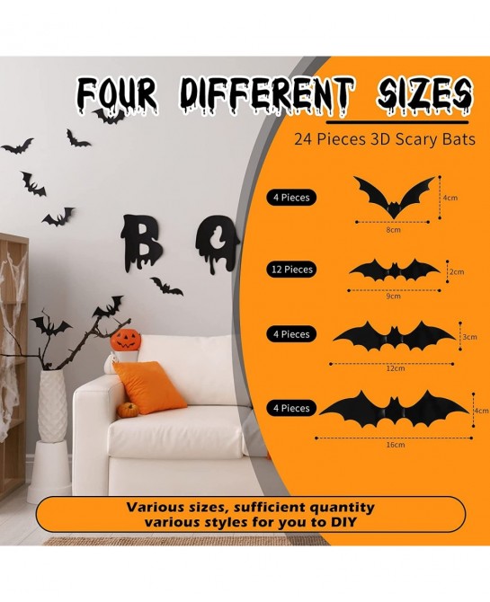 2 Pieces Halloween Black Witch Hat Adult Wizard Cap Fancy Dress Accessory 24 Pieces Halloween 3D Scary Bat Wall Decals Sticke...