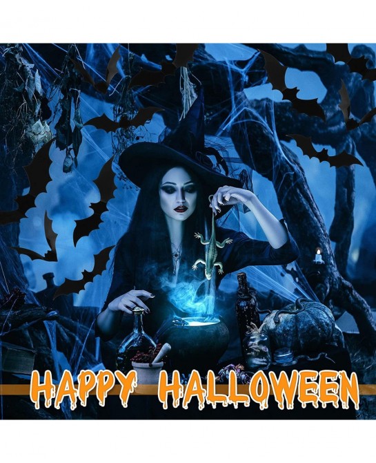 2 Pieces Halloween Black Witch Hat Adult Wizard Cap Fancy Dress Accessory 24 Pieces Halloween 3D Scary Bat Wall Decals Sticke...