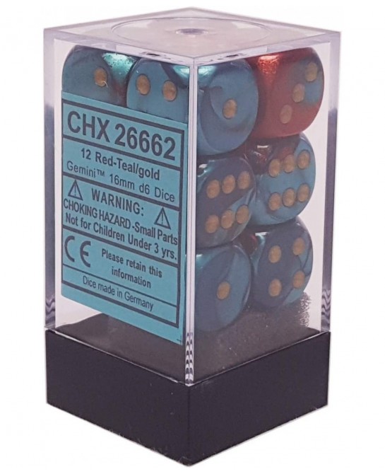 Gemini Signature Series Dice 16mm d6 Set (12) Red Teal w/ Gold (CHX26662) $23.70 Game Accessories