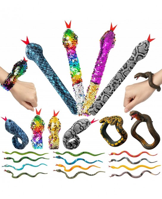 18PCS Snake Snap Bracelet Slap Toy Reptile Sequin Slap Bracelets for Kids Boys Girls Simulation Animals Wristband Headbands R...
