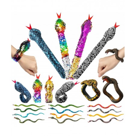 18PCS Snake Snap Bracelet Slap Toy Reptile Sequin Slap Bracelets for Kids Boys Girls Simulation Animals Wristband Headbands R...