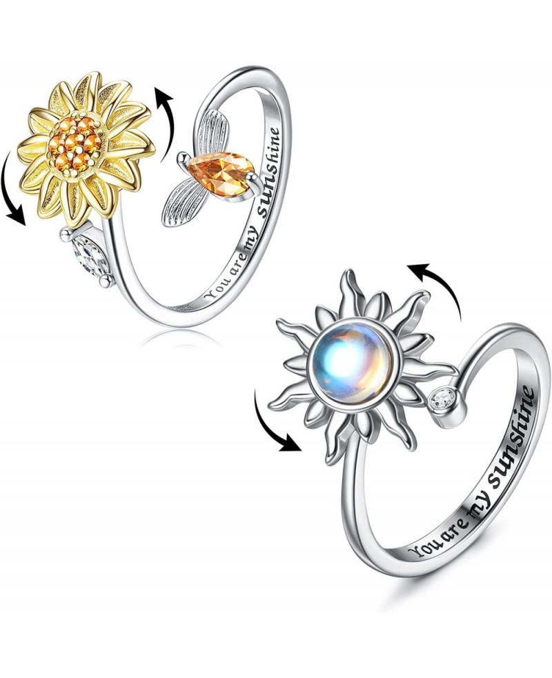 2 Pcs Sterling Silver Fidget Anxiety Rings for Women Sunflower Spinner Ring Adjustable Fidget Rings for Anxiety Relieving Str...