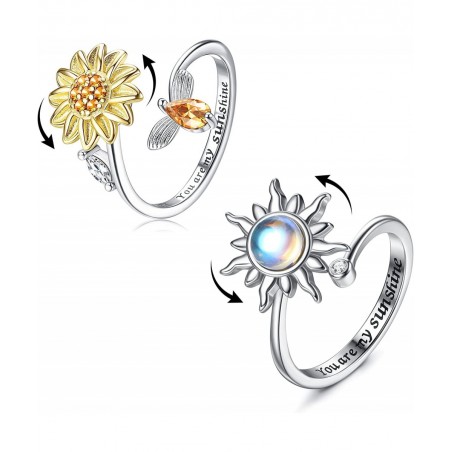 2 Pcs Sterling Silver Fidget Anxiety Rings for Women Sunflower Spinner Ring Adjustable Fidget Rings for Anxiety Relieving Str...