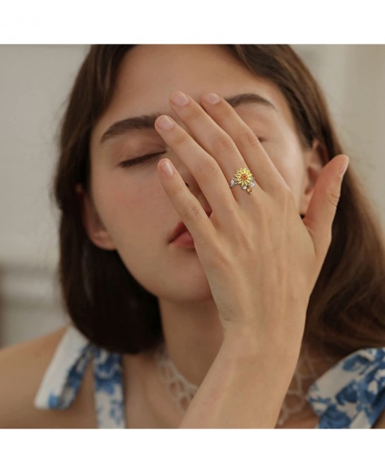 2 Pcs Sterling Silver Fidget Anxiety Rings for Women Sunflower Spinner Ring Adjustable Fidget Rings for Anxiety Relieving Str...