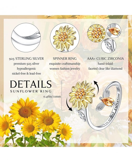 2 Pcs Sterling Silver Fidget Anxiety Rings for Women Sunflower Spinner Ring Adjustable Fidget Rings for Anxiety Relieving Str...