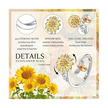 2 Pcs Sterling Silver Fidget Anxiety Rings for Women Sunflower Spinner Ring Adjustable Fidget Rings for Anxiety Relieving Str...