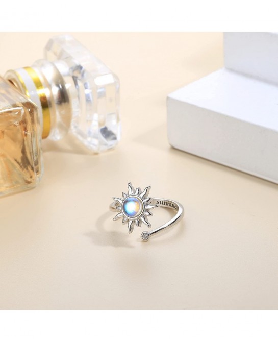 2 Pcs Sterling Silver Fidget Anxiety Rings for Women Sunflower Spinner Ring Adjustable Fidget Rings for Anxiety Relieving Str...