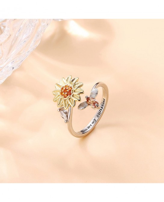 2 Pcs Sterling Silver Fidget Anxiety Rings for Women Sunflower Spinner Ring Adjustable Fidget Rings for Anxiety Relieving Str...