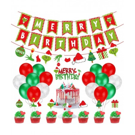 Grinchsmas Christmas Birthday Decorations Kit Red Green Merry Birthday Banner Birthday Cake Topper Snowflake Balloons for Chr...