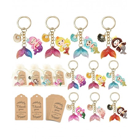 12 Sets Mermaid Party Favors Under The Sea Party Decorations Mermaid Key Chain with Pearl Shell Organza Bags and Thank You Ca...
