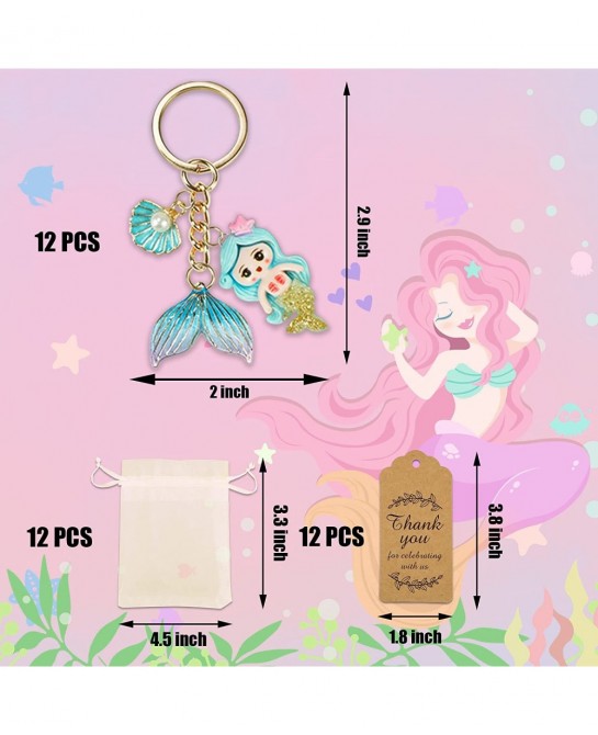 12 Sets Mermaid Party Favors Under The Sea Party Decorations Mermaid Key Chain with Pearl Shell Organza Bags and Thank You Ca...