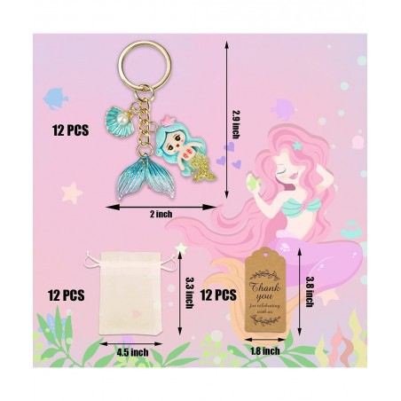 12 Sets Mermaid Party Favors Under The Sea Party Decorations Mermaid Key Chain with Pearl Shell Organza Bags and Thank You Ca...