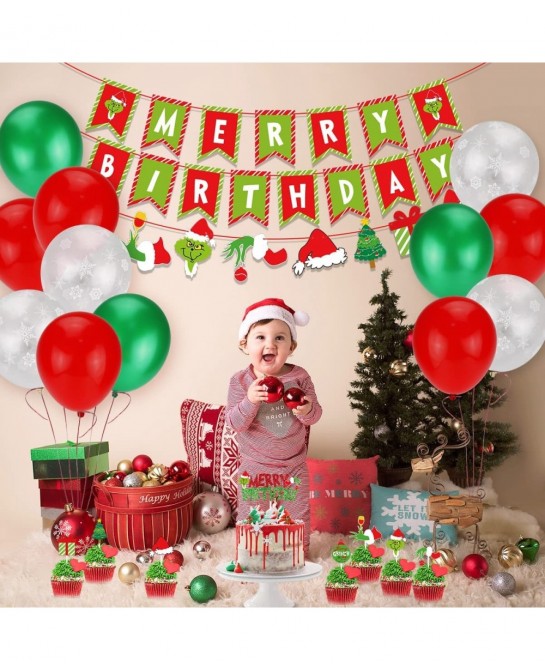 Grinchsmas Christmas Birthday Decorations Kit Red Green Merry Birthday Banner Birthday Cake Topper Snowflake Balloons for Chr...