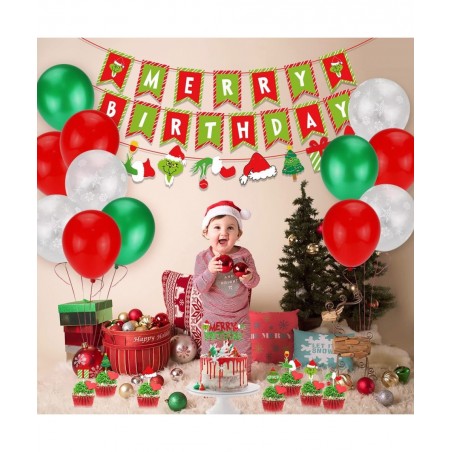 Grinchsmas Christmas Birthday Decorations Kit Red Green Merry Birthday Banner Birthday Cake Topper Snowflake Balloons for Chr...