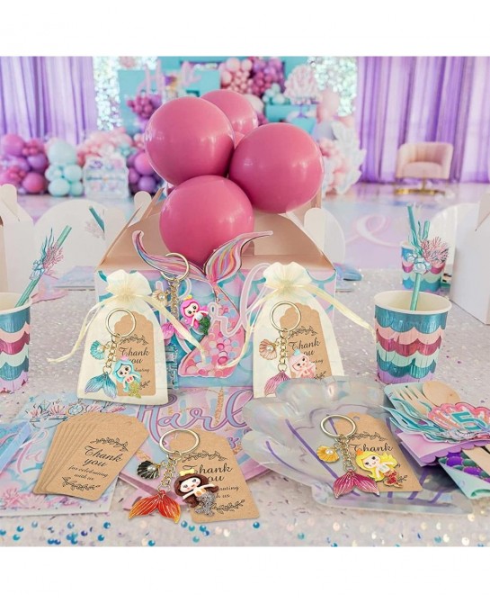 12 Sets Mermaid Party Favors Under The Sea Party Decorations Mermaid Key Chain with Pearl Shell Organza Bags and Thank You Ca...