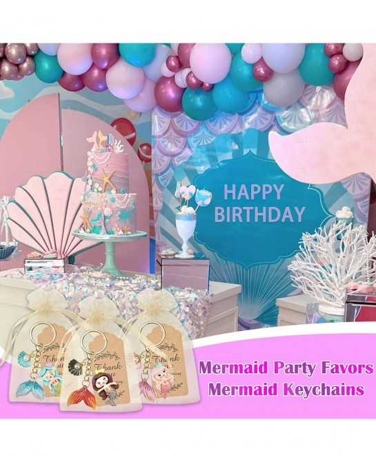 12 Sets Mermaid Party Favors Under The Sea Party Decorations Mermaid Key Chain with Pearl Shell Organza Bags and Thank You Ca...