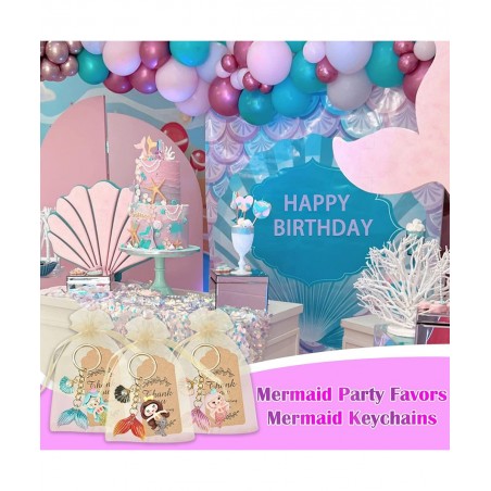 12 Sets Mermaid Party Favors Under The Sea Party Decorations Mermaid Key Chain with Pearl Shell Organza Bags and Thank You Ca...