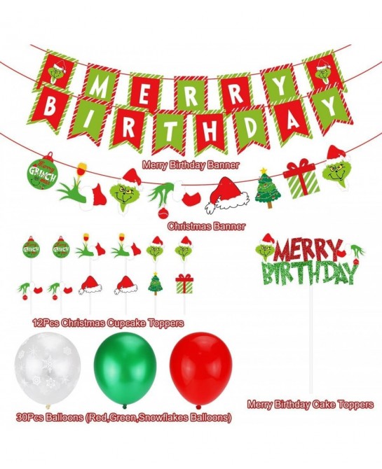 Grinchsmas Christmas Birthday Decorations Kit Red Green Merry Birthday Banner Birthday Cake Topper Snowflake Balloons for Chr...