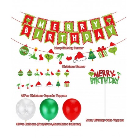 Grinchsmas Christmas Birthday Decorations Kit Red Green Merry Birthday Banner Birthday Cake Topper Snowflake Balloons for Chr...