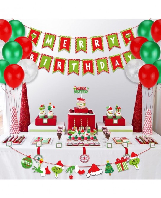 Grinchsmas Christmas Birthday Decorations Kit Red Green Merry Birthday Banner Birthday Cake Topper Snowflake Balloons for Chr...