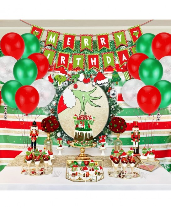 Grinchsmas Christmas Birthday Decorations Kit Red Green Merry Birthday Banner Birthday Cake Topper Snowflake Balloons for Chr...
