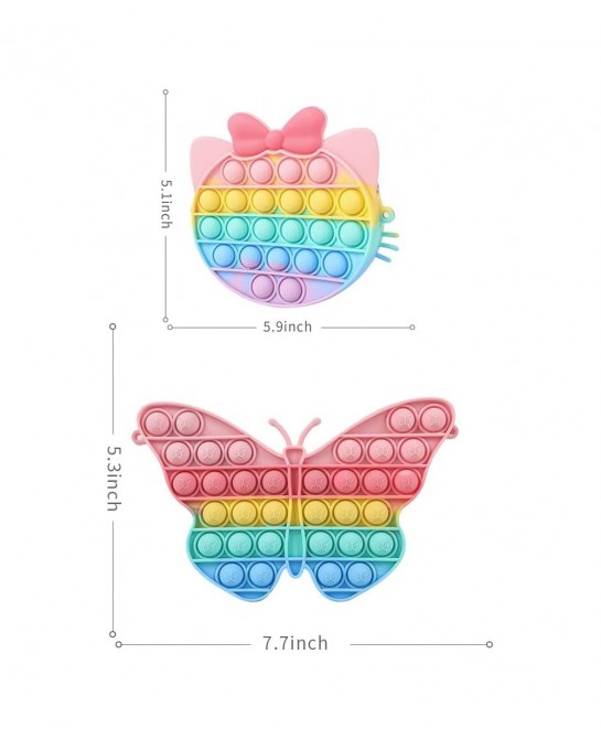 2Pcs Rainbow Cat & Butterfly Pop Fidget Sensory Toy Bags Pack Stress Relief Popping Bubble Purse Silicone Squeeze Toy for Gir...