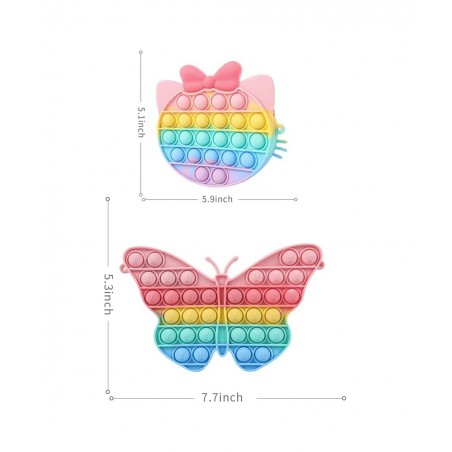 2Pcs Rainbow Cat & Butterfly Pop Fidget Sensory Toy Bags Pack Stress Relief Popping Bubble Purse Silicone Squeeze Toy for Gir...