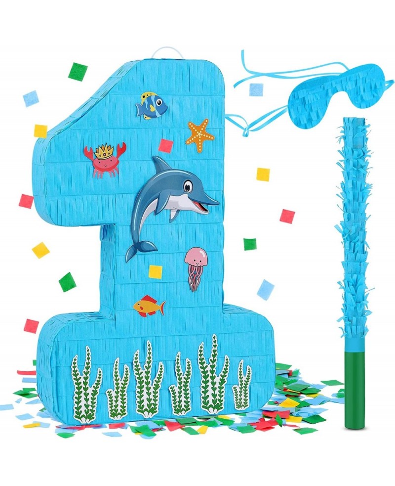 Blue Number 1 Pinata 1st Birthday Party Pinata Ocean Dolphin Pinata with a Blindfold and Bat for Boys Girls Birthday Annivers...