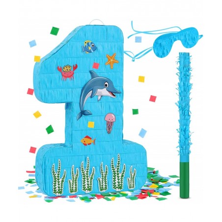 Blue Number 1 Pinata 1st Birthday Party Pinata Ocean Dolphin Pinata with a Blindfold and Bat for Boys Girls Birthday Annivers...