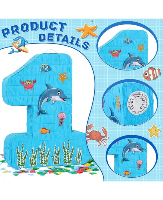 Blue Number 1 Pinata 1st Birthday Party Pinata Ocean Dolphin Pinata with a Blindfold and Bat for Boys Girls Birthday Annivers...