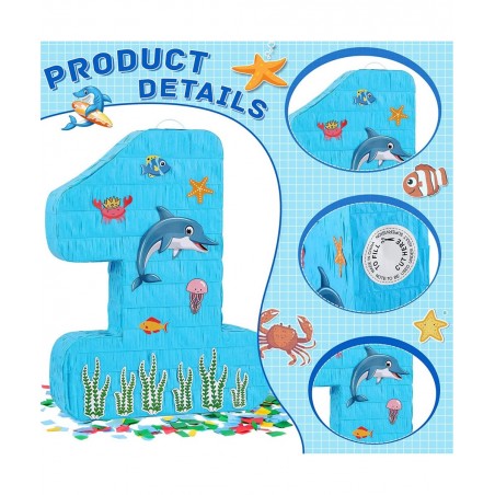 Blue Number 1 Pinata 1st Birthday Party Pinata Ocean Dolphin Pinata with a Blindfold and Bat for Boys Girls Birthday Annivers...