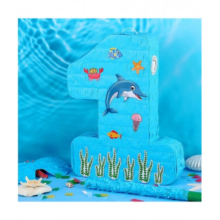Blue Number 1 Pinata 1st Birthday Party Pinata Ocean Dolphin Pinata with a Blindfold and Bat for Boys Girls Birthday Annivers...