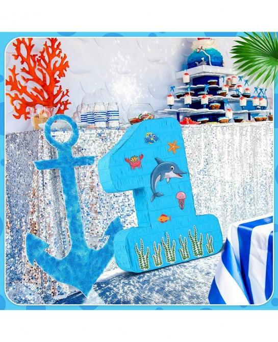Blue Number 1 Pinata 1st Birthday Party Pinata Ocean Dolphin Pinata with a Blindfold and Bat for Boys Girls Birthday Annivers...