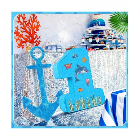 Blue Number 1 Pinata 1st Birthday Party Pinata Ocean Dolphin Pinata with a Blindfold and Bat for Boys Girls Birthday Annivers...