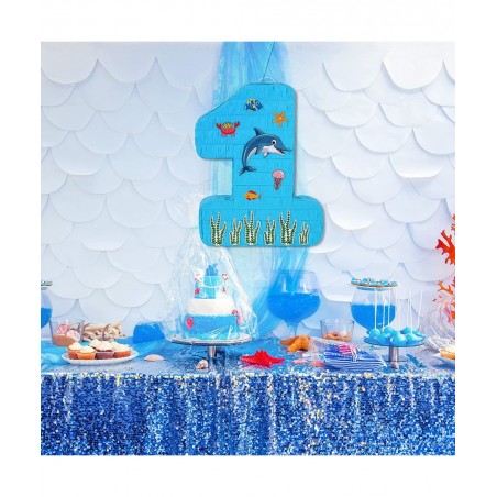 Blue Number 1 Pinata 1st Birthday Party Pinata Ocean Dolphin Pinata with a Blindfold and Bat for Boys Girls Birthday Annivers...